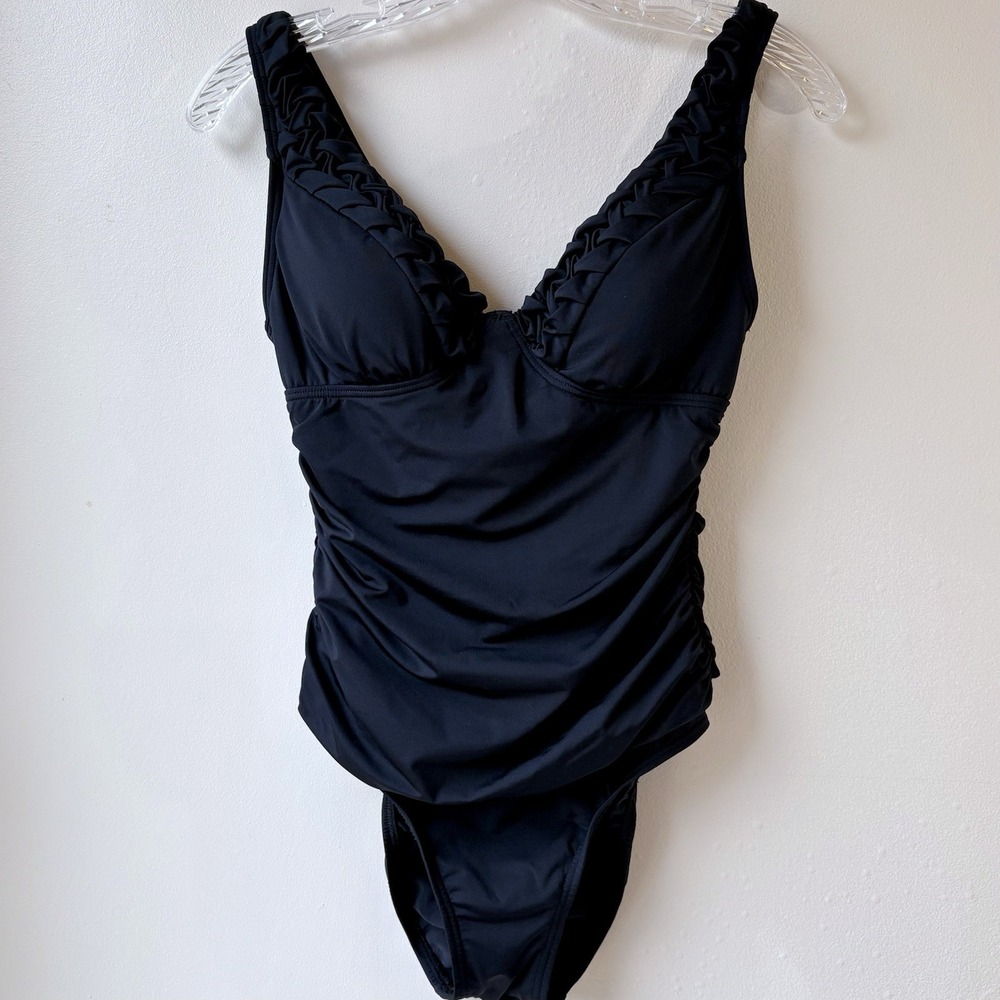 Jantzen One Piece Swimsuit Size 6 Black Ruching Basketweave Trim